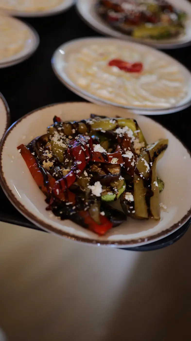 Grilled peppers, aubergine and courgette with balsamic and white cheese